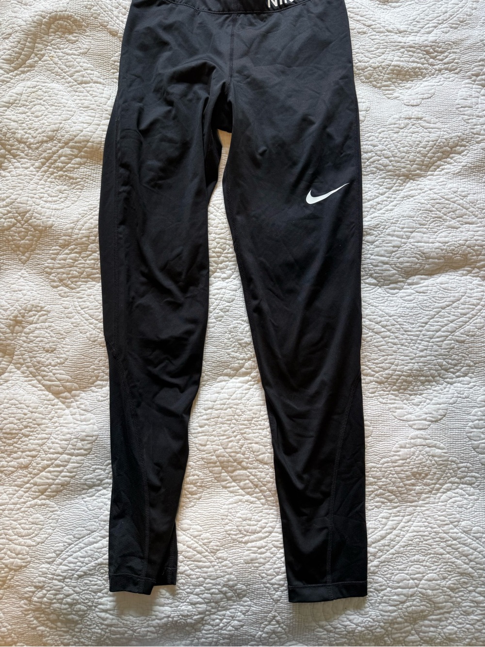 Nike Black Mid-Rise Mesh Panel Leggings with White Swoosh